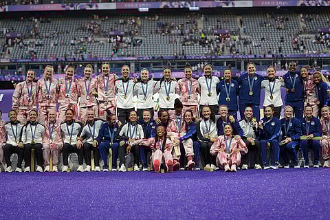 Women's Rugby Sevens: New Zealand, who won gold, Canadian, silver, and United States, bronze pose for the media